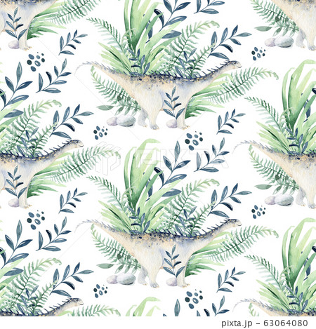 Cute cartoon baby dinosaurs seamless pattern watercolor paper, hand painted dino background texture Jurassic Park . Rex children funny art Cute cartoon baby dinosaurs seamless pattern watercolor paper, hand painted dino background texture Jurassic Park . Rex children funny art 63064080