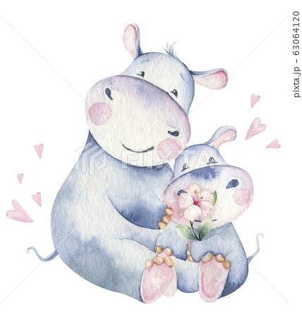 Hand drawn cute isolated tropical summer watercolor hippo animals. hippopotamus baby and mother cartoon animal illustrations, jungle tree, brazil trendy design. Aloha collection. Hand drawn cute isolated tropical summer watercolor hippo animals. hippopotamus baby and mother cartoon animal illustrations, jungle tree, brazil trendy design. Aloha collection. 63064120