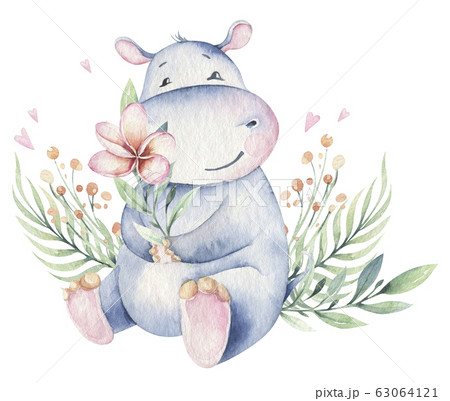 Hand drawn cute isolated tropical summer watercolor hippo animals. hippopotamus baby and mother cartoon animal illustrations, jungle tree, brazil trendy design. Aloha collection. 63064121