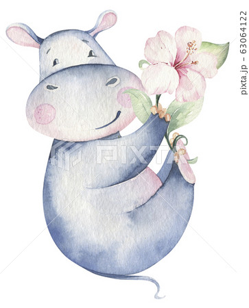 Hand drawn cute isolated tropical summer watercolor hippo animals. hippopotamus baby and mother cartoon animal illustrations, jungle tree, brazil trendy design. Aloha collection. 63064122