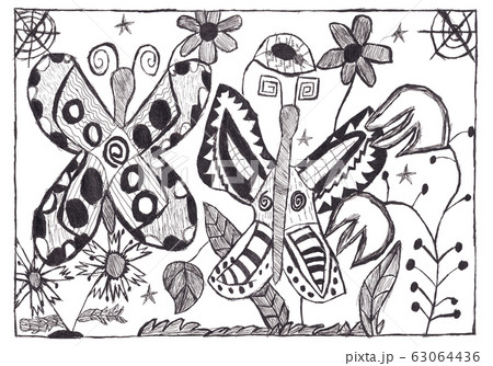 Child's drawing with ink pen of butterflies among 63064436