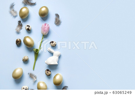 Easter frame of bunny, golden eggs, pink tulip Easter frame of bunny, golden eggs, pink tulip 63065249