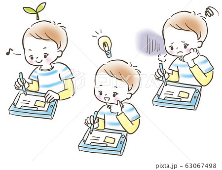 タブレット学習 男の子 表情セット パステル画のイラスト素材