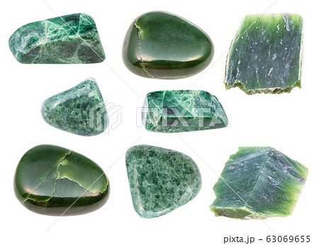 set of various green Jade gemstones isolated 63069655
