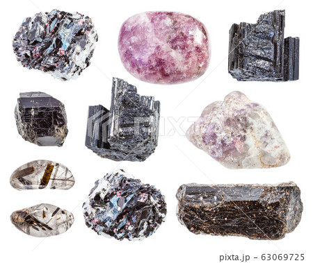 set of tourmaline minerals in rocks isolated set of tourmaline minerals in rocks isolated 63069725