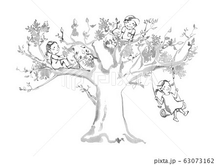 大きな木と子ども3人 木のブランコ 線描のイラスト素材