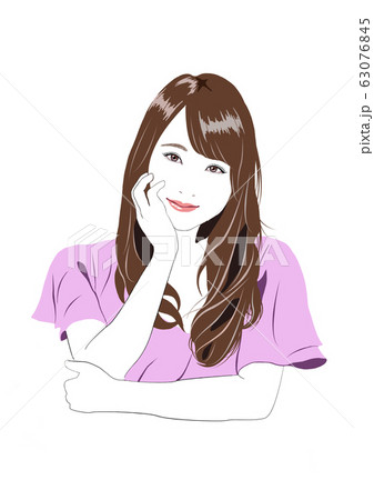 頬杖をついて微笑む長い髪の女性のイラスト素材 頬杖をついて微笑む長い髪の女性のイラスト素材