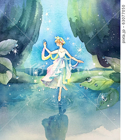 夜の湖でバレエをする妖精のイラスト素材