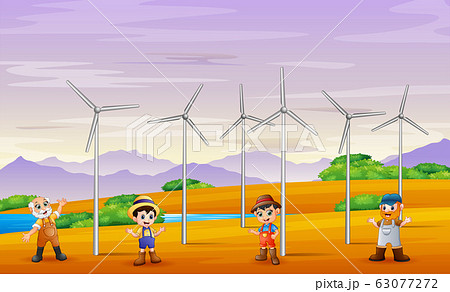 A group of male farmers in windmill tower landscape A group of male farmers in windmill tower landscape 63077272