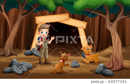 Scene with scout kids hiking in the mine with dogs 63077291