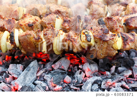 Skewers closeup as a top view background 63083371