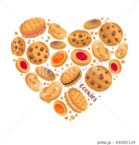Yummy cookies hand drawn pattern heart shape. Homemade pastry. Yummy cookies hand drawn pattern heart shape. Homemade pastry. 63085134