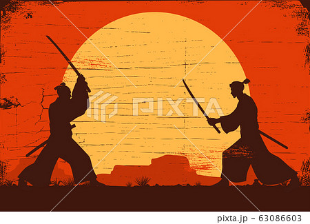 Silhouette of two Japanese Samurai sword fighting, Vector Illustration Silhouette of two Japanese Samurai sword fighting, Vector Illustration 63086603