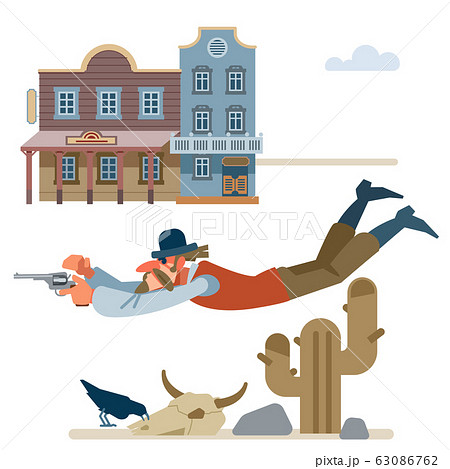 Professional killer shoots in a jump on the fly. wild West. Cartoon vector illustration. Flat style. Isolated on white background Professional killer shoots in a jump on the fly. wild West. Cartoon vector illustration. Flat style. Isolated on white background 63086762
