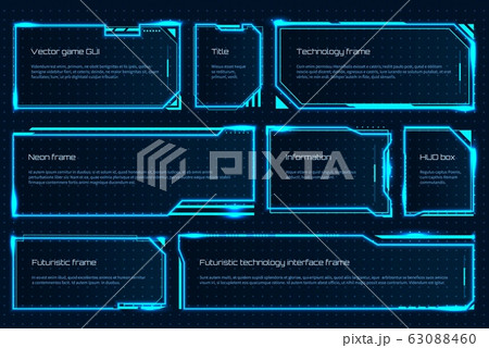 HUD game element. Futuristic tech screen template with text messages, warning technology frame. Vector attention hologram 63088460