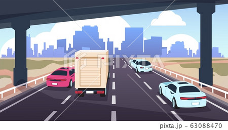 Cartoon highway traffic. Road to city with cars, nature landscape and skyline, travel and logistic concept. Vector panoramic scene Cartoon highway traffic. Road to city with cars, nature landscape and skyline, travel and logistic concept. Vector panoramic scene 63088470
