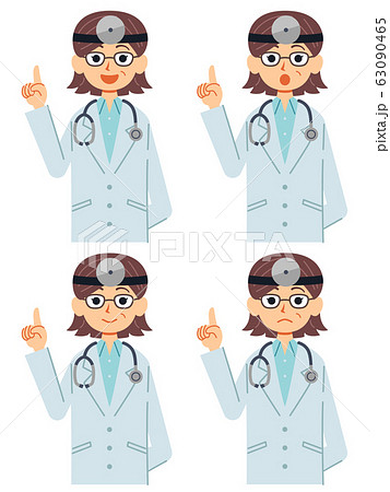 説明の表情セット 白衣を着た中年の女性ドクター(額帯鏡と聴診器) 説明の表情セット 白衣を着た中年の女性ドクター(額帯鏡と聴診器) 63090465
