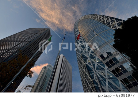 夕焼けの秋空に映えるモード学園コクーンタワー、新宿センタービル、損保ジャパンビルを撮る 63091977