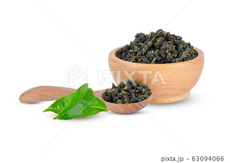 Green tea leaf and dry leaf on white background. 63094066