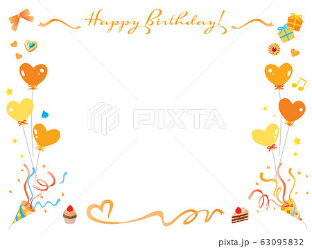 リボンやクラッカーやケーキのオレンジ色のお誕生日フレームのイラスト素材