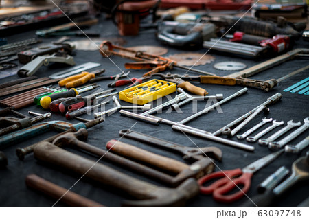 Photo top view a huge set collection of working hand and power tools many for the wooden on isolated black background 63097748