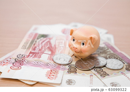 Piggy bank in the form of a pig and accumulated Piggy bank in the form of a pig and accumulated 63099322