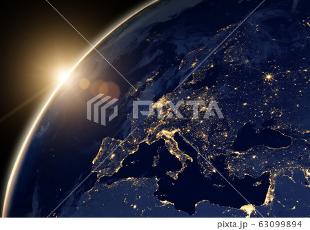 Planet Earth at night, view of city lights showing 63099894