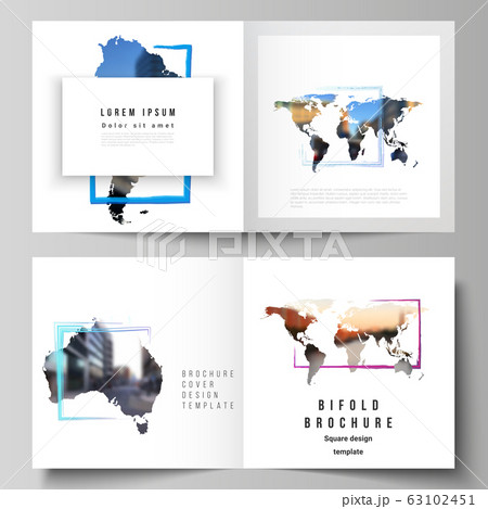 Vector layout of two covers templates for square bifold brochure, flyer, cover design, book design, brochure cover. Design template in the form of world maps and colored frames, insert your photo. 63102451
