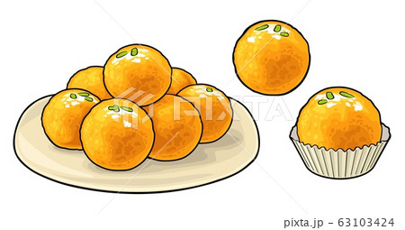 Indian traditional sweets Ladoo in plate. Vector flat illustration Indian traditional sweets Ladoo in plate. Vector flat illustration 63103424