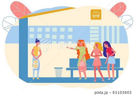 Bullying Lonely Girl at School Bus Stop, Cartoon. Bullying Lonely Girl at School Bus Stop, Cartoon. 63103603