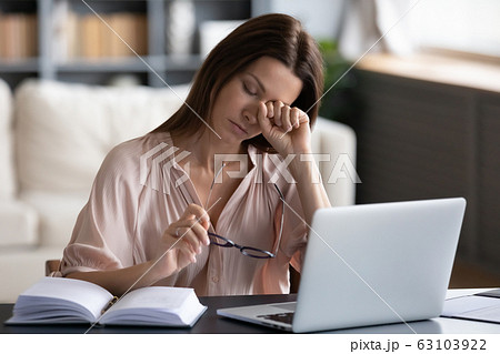 Tired stressed lady suffering from dry eyes syndrome. Tired stressed lady suffering from dry eyes syndrome. 63103922