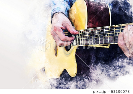 man playing acoustic guitar on walking street on watercolor illustration painting background. 63106078