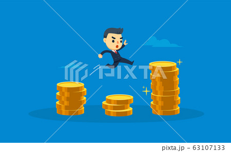a businessman is jumping between pile of coins. 63107133