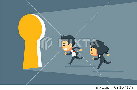 A man and woman running to a keyhole. 63107175