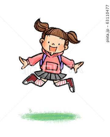 ジャンプする子供b 4 小学生 リュックサック 女の子 のイラスト素材