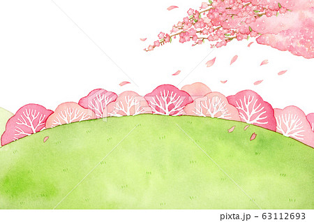 手描き水彩 桜の木と丘 背景イラストお花のイラスト素材