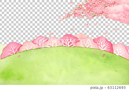 手描き水彩｜桜の木と丘　背景イラストお花 63112693