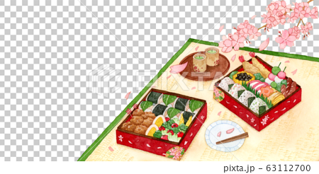 手描き水彩｜お花見とお重弁当　桜　背景素材イラスト 63112700