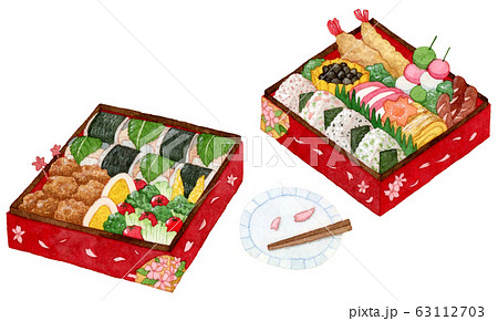 手描き水彩 お重弁当 お花見用イラストのイラスト素材