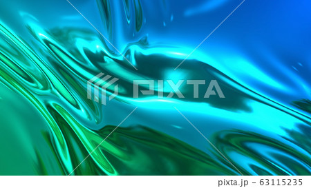 3D render beautiful folds of light shiny silk, like foil or metallic surface in full screen. Beautiful clean fabric background. Simple soft background with smooth folds and blue green color gradient 63115235