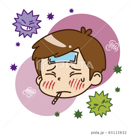 熱が出ている男の子とウイルスのイラスト素材