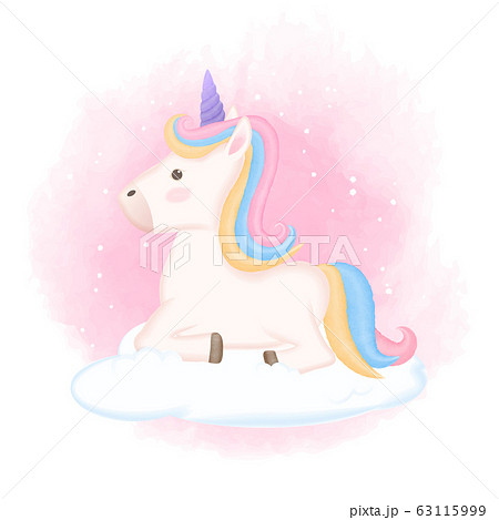 Cute Unicorn Sitting On Cloud Hand Drawn Animalのイラスト素材