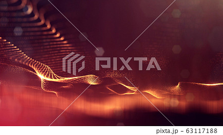 3d rendering background of microworld or sci-fi theme with glowing particles form curved lines, 3d surfaces, grid structures with depth of field, bokeh. Golden red wave forms 3d rendering background of microworld or sci-fi theme with glowing particles form curved lines, 3d surfaces, grid structures with depth of field, bokeh. Golden red wave forms 63117188