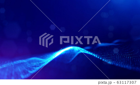 3d rendering background of microworld or sci-fi theme with glowing particles form curved lines, 3d surfaces, grid structures with depth of field, bokeh. Deep blue wave forms 63117307