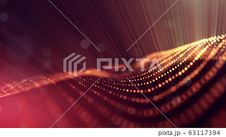 3d rendering background of microworld or sci-fi theme with glowing particles form curved lines, 3d surfaces, grid structures with depth of field, bokeh. Golden red wave forms 63117394