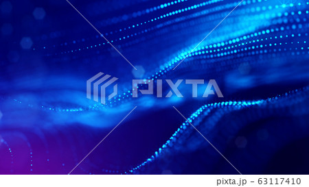 3d rendering background of microworld or sci-fi theme with glowing particles form curved lines, 3d surfaces, grid structures with depth of field, bokeh. Deep blue wave forms 63117410