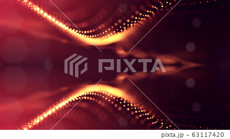 3d rendering background of microworld or sci-fi theme with glowing particles form curved lines, 3d surfaces, grid structures with depth of field, bokeh. Golden red wave symmetric forms 3d rendering background of microworld or sci-fi theme with glowing particles form curved lines, 3d surfaces, grid structures with depth of field, bokeh. Golden red wave symmetric forms 63117420