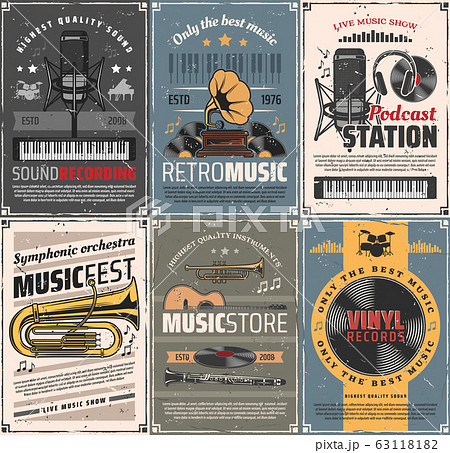 Music and sound recording vector retro posters Music and sound recording vector retro posters 63118182