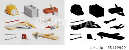 construction helmet and tools, icon set on white background, 3D illustration 63119999