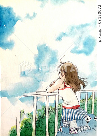ベランダで空を見る女の子のイラスト素材